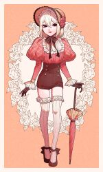 Rule 34 | 1boy, absurdres, ahoge, androgynous, black eyes, bob cut, bow, brown footwear, brown gloves, brown shorts, crossdressing, double-parted bangs, eyeshadow, flower, framed, frilled headwear, frilled thighhighs, frills, full body, gloves, hair between eyes, hair flower, hair ornament, hat, highres, juliet sleeves, lolita fashion, long sleeves, makeup, medium hair, ohayousan 084, original, pale skin, parasol, pink lips, pink shirt, pointy ears, puffy sleeves, red bow, red eyeshadow, rose (ohayousan 084), shirt, shorts, simple background, straw hat, thighhighs, trap, umbrella, vampire, white hair, white thighhighs
