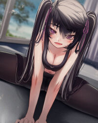 Rule 34 | 1girl, black hair, black pantyhose, black sports bra, breasts, breasts squeezed together, cleavage, fang, hair between eyes, hair ribbon, highres, indoors, jitome, leaning forward, long hair, looking at viewer, medium breasts, mole, navel, open mouth, original, pants, pantyhose, priite hari (torriet), purple eyes, revision, ribbon, smile, smug, solo, sports bra, spread legs, stretching, tight clothes, tight pants, torriet, twintails, very long hair