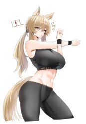 Rule 34 | !, 1girl, abs, absurdres, animal ear fluff, animal ears, arknights, black bra, black pants, black wristband, blonde hair, bra, breasts, commentary, cropped legs, highres, horn/wood, horse ears, horse girl, horse tail, large breasts, long hair, midriff, nearl (arknights), pants, parted lips, ponytail, simple background, solo, spoken exclamation mark, sports bra, stretching, tail, underwear, white background, yellow eyes, yoga pants