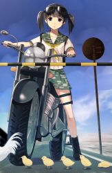 Rule 34 | 1girl, bird, black eyes, black hair, boots, camouflage, chick, day, goggles, goggles on head, hareno chiame, holding, motor vehicle, motorcycle, original, school uniform, serafuku, sign, sitting, skirt, sky, solo, twintails, vehicle