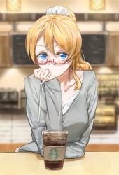 Rule 34 | 10s, 1girl, ayase eli, bendy straw, blonde hair, blue eyes, blush, coffee, collarbone, covering own mouth, drink, drinking straw, eyebrows, free style (yohan1754), glasses, hair between eyes, hair ornament, hair scrunchie, hand over own mouth, head rest, highres, indoors, long hair, long sleeves, looking at viewer, love live!, love live! school idol project, mouth hold, ponytail, pov across table, red-framed eyewear, scrunchie, semi-rimless eyewear, sitting, solo, starbucks, table, under-rim eyewear
