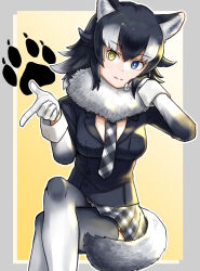 Rule 34 | 1girl, animal ear fluff, animal ears, black hair, black jacket, black thighhighs, blue eyes, border, commentary request, crossed legs, fur collar, gloves, gradient background, grey border, grey wolf (kemono friends), hair between eyes, hand in own hair, heterochromia, highres, jacket, kemono friends, light smile, long hair, looking at viewer, multicolored hair, murakami kou (raye), necktie, outline, paw print, plaid, plaid necktie, plaid skirt, pleated skirt, simple background, sitting, skirt, solo, split mouth, tail, thighhighs, two-tone hair, white gloves, white hair, white outline, wolf ears, wolf girl, wolf tail, yellow background, yellow eyes, zettai ryouiki