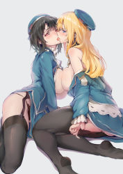 Rule 34 | 10s, 2girls, ass, atago (kancolle), bad id, bad pixiv id, beret, black gloves, black hair, black legwear, black panties, blonde hair, blue eyes, breast press, breasts, breasts out, clothes pull, french kiss, garter straps, gloves, hat, highres, kantai collection, kiss, large breasts, long hair, looking at viewer, military, military uniform, multiple girls, panties, pantyhose, pantyhose pull, red eyes, sabaku no tanuki, short hair, symmetrical docking, takao (kancolle), tongue, underwear, undressing, uniform, yuri