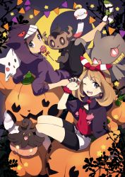 Rule 34 | 10s, 1boy, 1girl, alternate costume, banette, bike shorts, blue eyes, brendan (pokemon), brendan (pokemon oras), brown hair, chimecho, cloak, cosplay, creatures (company), crescent moon, game freak, gen 1 pokemon, gen 3 pokemon, gen 6 pokemon, gengar, gengar (cosplay), ghost costume, hair ribbon, halloween, halloween costume, jack-o&#039;-lantern, looking at viewer, may (pokemon), may (pokemon oras), moon, nail polish, night, niimura (csnel), nintendo, one eye closed, outdoors, phantump, pikachu, pokemon, pokemon oras, pumpkaboo, pumpkin, ribbon, short hair, short shorts, shorts, two side up