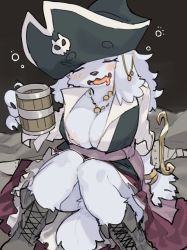 Rule 34 | 1girl, animal ears, beer mug, black hat, blush, body fur, boots, bracelet, breasts, claws, cleavage, closed eyes, cross-laced footwear, cup, dog ears, dog girl, dog tail, drooling, drunk, fang, female focus, fewer digits, furry, furry female, hat, highres, jewelry, kame (3t), large breasts, mug, nipple slip, nipples, no bra, open mouth, original, pirate, pirate hat, sitting, skin fang, skirt, solo, sword, tail, weapon