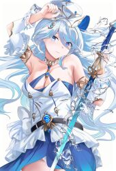 Rule 34 | 1girl, alternate costume, arm up, bare shoulders, belt, black belt, blue eyes, blue hair, breasts, cleavage, commentary request, cowboy shot, detached sleeves, furina (genshin impact), genshin impact, highres, long hair, long sleeves, looking at viewer, medium breasts, mosta (lo1777789), smile, solo, standing, very long hair, white background, white headwear