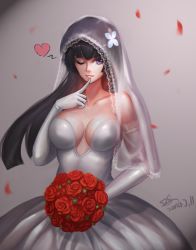 Rule 34 | 10s, 1girl, bad id, bad pixiv id, bare shoulders, black hair, blue eyes, bouquet, breasts, bridal veil, bride, d.sum, dress, elbow gloves, finger to mouth, flower, gloves, hair flower, hair ornament, heart, lace trim, large breasts, long hair, one eye closed, petals, sanka rea, sankarea, sideboob, signature, smile, solo, spoken heart, strapless, strapless dress, veil, wedding dress, white dress, white gloves