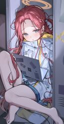 Rule 34 | 1girl, absurdres, barefoot, blue archive, blue eyes, computer, highres, laptop, legs, long hair, ningen mame, red hair, sitting, solo, yuzu (blue archive)