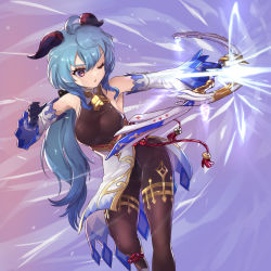 Rule 34 | 1girl, ahoge, bare shoulders, bell, black leotard, blue hair, bodystocking, bodysuit, bow (weapon), breasts, brown bodysuit, commentary, cowbell, detached sleeves, energy weapon, firing, ganyu (genshin impact), genshin impact, gloves, gradient hair, hair between eyes, horns, leotard, leotard under clothes, long hair, low ponytail, medium breasts, multicolored hair, one eye closed, purple eyes, solo, tadano magu, weapon, wide sleeves