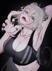 Rule 34 | 1girl, abs, ahoge, animal ears, armpits, arms up, black eyeliner, black nails, blue eyes, breasts, claw pose, cleavage, collarbone, dog tags, ear piercing, eyelashes, eyeliner, fangs, fingernails, grey eyes, grey hair, hair between eyes, head tilt, highres, hololive, large breasts, lion ears, lion girl, lion tail, long hair, looking at viewer, makeup, nail polish, official alternate costume, open mouth, piercing, scar, scar on face, scar on mouth, sharp fingernails, shishiro botan, shishiro botan (button-down), sohtatsu b, solo, sports bra, striped sports bra, tail, toned, virtual youtuber, white hair