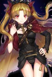 Rule 34 | &gt;:), 1girl, black background, black nails, blonde hair, blush, cape, commentary request, earrings, ereshkigal (fate), fate/grand order, fate (series), hair ribbon, hand on own hip, highres, jewelry, kiritani846, long hair, looking at viewer, nail polish, parted bangs, red cape, red eyes, red ribbon, ribbon, skull, solo, tiara, tohsaka rin, twintails, two side up, v-shaped eyebrows