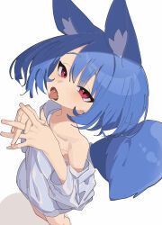 Rule 34 | 1girl, absurdres, animal ear fluff, animal ears, blue hair, blush, collarbone, fang, foreshortening, fox ears, fox girl, fox tail, from above, hands up, highres, interlocked fingers, loose clothes, loose shirt, miya (myakuro), myakuro, original, red eyes, shirt, short hair, simple background, skin fang, sleeves past elbows, slit pupils, solo, standing, tail, tongue, tongue out, white background, white shirt