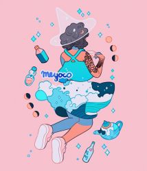 Rule 34 | 1girl, bad id, bad twitter id, black hair, bottle, crescent moon, facing away, fictional persona, flower tattoo, from behind, full body, full moon, gibbous moon, half moon, hat, medium hair, meyoco, moon, moon phases, original, pink background, ramune, see-through, shoes, simple background, sleeveless, solo, sparkle, tattoo, teapot, wave print, white footwear, witch hat