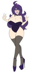 Rule 34 | 1girl, @ @, breasts, choker, cleavage, creatures (company), female focus, full body, game freak, hairband, hex maniac (pokemon), high heels, huge breasts, legs, leotard, lips, lipstick, long hair, looking at viewer, makeup, nintendo, pale skin, parted lips, platform footwear, platform heels, pokemon, pokemon xy, purple leotard, purple lips, sealguy, shoes, simple background, solo, standing, stiletto heels, thighhighs, very long hair, white background
