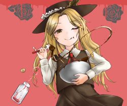 Rule 34 | 1girl, blonde hair, bottle, bowl, brown hat, brown skirt, brown vest, chocolate, collared shirt, commentary request, extra, eyelashes, flower, frilled hat, frills, hat, hat feather, holding, holding bowl, jacket girl (dipp), long sleeves, one eye closed, parted bangs, red neckwear, red ribbon, ribbon, rose, shirt, skirt, tonee, touhou, vest, white shirt, yata zetta, yellow eyes