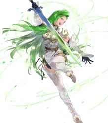 Rule 34 | 1girl, annand (fire emblem), armor, belt, black gloves, boots, breastplate, circlet, dress, elbow gloves, female focus, fire emblem, fire emblem: genealogy of the holy war, fire emblem heroes, full body, gloves, green eyes, green hair, high heels, highres, holding, holding sword, holding weapon, jewelry, long hair, matching hair/eyes, mayo (becky2006), nintendo, official art, short dress, shoulder armor, sleeveless, smile, solo, sword, thigh boots, thighhighs, transparent background, weapon, white dress, zettai ryouiki