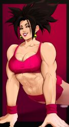 Rule 34 | 1girl, abs, absurdres, breasts, cleavage, dragon ball, dragon ball super, drakkaiart, earrings, female focus, fusion, hand on own hip, highres, jewelry, kefla (dragon ball), lipstick, long hair, looking at viewer, makeup, medium breasts, muscular, muscular female, potara earrings, solo, spiked hair, wristband