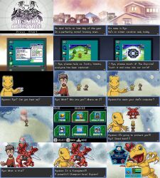 Rule 34 | agumon, akiyama ryo, bug, claws, digimon, digimon (creature), digivice, exoskeleton, highres, house, kuwagamon, looking at another, looking at viewer, millenniumon, wings