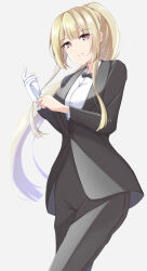Rule 34 | 1girl, 7-mzk, adjusting clothes, adjusting gloves, alternate hairstyle, assault lily, black bow, black bowtie, black jacket, black pants, black suit, blonde hair, blunt bangs, blunt ends, bow, bowtie, breasts, buttons, collared shirt, cowboy shot, formal, gloves, grey background, hands up, high ponytail, highres, jacket, large breasts, light smile, long hair, long sleeves, looking at viewer, miyagawa takane, pant suit, pants, parted lips, ponytail, purple eyes, shirt, sidelocks, simple background, single glove, solo, standing, suit, very long hair, white gloves, white shirt