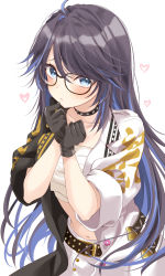 Rule 34 | 1girl, ahoge, black choker, black gloves, black hair, blue eyes, blue hair, blush, breasts, chest sarashi, choker, closed mouth, colored inner hair, fingerless gloves, gaston57064599, glasses, gloves, hands up, heart, highres, indie virtual youtuber, jacket, kson, long hair, looking at viewer, midriff, multicolored hair, navel, open clothes, open jacket, own hands together, pants, sarashi, simple background, solo, souchou, very long hair, virtual youtuber, white background, white pants