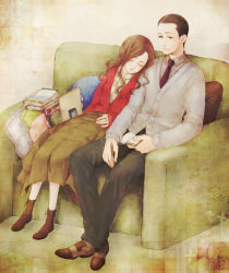 Rule 34 | 1boy, 1girl, ariadne, arthur (inception), bad id, bad pixiv id, book, boots, brown hair, cardigan, couch, cushion, green upholstery, inception, mignolo, science fiction, sleeping, sola (414lilyope)