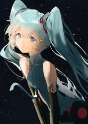 Rule 34 | 1girl, aqua eyes, aqua hair, bare shoulders, black background, chinese commentary, clothing cutout, commentary, hatsune miku, hatsune miku (append), highres, indai (3330425), leaning forward, long hair, looking at viewer, parted lips, shirt, simple background, sleeveless, sleeveless shirt, solo, sparkle background, stomach cutout, twintails, very long hair, vocaloid, vocaloid append