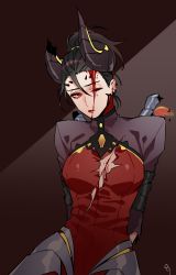 Rule 34 | 108 127, 1girl, bad id, bad pixiv id, black hair, blood, blood on face, bodysuit, bound, bound arms, breasts, broken, brown background, commentary, dark persona, demon horns, devil mercy, earrings, facial mark, forehead mark, grey background, hair between eyes, horns, injury, jewelry, looking at viewer, mechanical wings, medium breasts, mercy (overwatch), no bra, official alternate costume, one eye closed, orange wings, overwatch, overwatch 1, parted lips, ponytail, red eyes, sitting, solo, stud earrings, tied up, torn bodysuit, torn clothes, upper body, wings