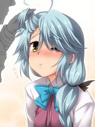 Rule 34 | 1girl, ahoge, black ribbon, blush, bow, braid, closed mouth, commentary request, dress, flying sweatdrops, grey hair, hair between eyes, hair over shoulder, hair ribbon, hamanami (kancolle), kantai collection, long hair, long sleeves, looking at another, one eye closed, purple dress, ribbon, school uniform, shirt, simple background, single braid, white shirt, yellow eyes, yoshi tama