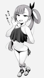 Rule 34 | 1girl, arm behind back, asymmetrical bangs, bikini, commentary request, frilled bikini, frills, full body, greyscale, hair rings, hand up, highres, irogomi, koga (nue no onmyouji), long hair, looking at viewer, monochrome, navel, nue no onmyouji, open mouth, partial commentary, sandals, side-tie bikini bottom, side ponytail, simple background, solo, standing, swimsuit, translation request