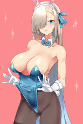 Rule 34 | 1girl, animal ears, asuna (blue archive), asuna (bunny) (blue archive), bare shoulders, blue archive, blue eyes, blue leotard, bow, bowtie, breasts, cleavage, detached collar, fake animal ears, gloves, hair over one eye, hair ribbon, highleg, highleg leotard, highres, large breasts, leotard, light brown hair, long hair, looking at viewer, mole, mole on breast, pantyhose, parted lips, playboy bunny, rabbit ears, rapapa, ribbon, simple background, solo, strapless, strapless leotard, swept bangs, very long hair