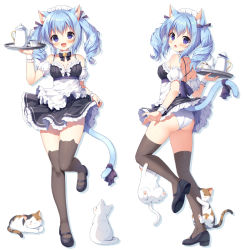 Rule 34 | 1girl, :d, :o, animal, animal ear fluff, animal ear legwear, animal ears, apron, ass, bare shoulders, bell, black bow, black dress, black footwear, blue hair, blush, bow, brown thighhighs, cat, cat ear legwear, cat ears, cat girl, cat tail, closed mouth, commentary request, cup, detached sleeves, dress, frilled apron, frilled dress, frills, from behind, hair between eyes, hand up, holding, holding tray, jingle bell, looking at viewer, looking back, maid, maid headdress, mauve, multiple views, open mouth, original, panties, parted lips, puffy short sleeves, puffy sleeves, purple bow, purple eyes, shoe soles, shoes, short sleeves, sleeveless, sleeveless dress, smile, standing, standing on one leg, tail, tail bow, tail ornament, teacup, teapot, thighhighs, tray, twintails, underwear, waist apron, wavy mouth, white apron, white cat, white panties, white sleeves