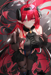 Rule 34 | 1girl, ahoge, azur lane, bare shoulders, black hairband, black pantyhose, blush, boots, breasts, center cross lace, center frills, covered navel, elbow gloves, frills, gloves, hairband, highres, hindenburg (azur lane), horns, large breasts, long hair, looking at viewer, pantyhose, pointy ears, qing wu, red eyes, red hair, sideboob, solo, thigh boots, thigh strap, very long hair