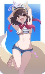 Rule 34 | 1girl, animal ears, armpits, bikini, black hair, blue archive, breasts, commentary request, detached sleeves, fang, fox ears, fox tail, groin, gyorui (katsuwo drawing), halo, highres, izuna (blue archive), izuna (swimsuit) (blue archive), leg up, looking back, lowleg, medium breasts, navel, sandals, scarf, simple background, swimsuit, tail, visor cap, yellow eyes