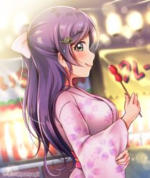 Rule 34 | 1girl, artist name, artist request, blue bow, blush, bow, female focus, floral print, green eyes, hair bow, hair ornament, hairclip, highres, japanese clothes, kimono, long hair, long sleeves, looking at viewer, love live!, love live! school idol festival, love live! school idol project, parted lips, pink bow, pink kimono, polka dot, polka dot bow, ponyagii, ponytail, purple hair, smile, solo, tanabata, tojo nozomi