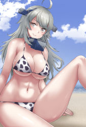 Rule 34 | 1girl, ahoge, angoha, animal print, beach, bikini, blue sky, breasts, cleavage, cloud, commentary request, cow print, day, headgear, highres, horizon, kantai collection, large breasts, long hair, looking at viewer, ocean, outdoors, grey eyes, silver hair, sitting, sky, solo, swimsuit, washington (kancolle), white bikini