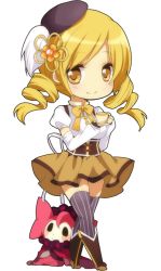 Rule 34 | 10s, 1girl, bad id, bad pixiv id, beret, blonde hair, boots, brown dress, charlotte (madoka magica), corset, creature, crossed legs, cup, detached sleeves, dress, drill hair, full body, grey thighhighs, hat, knee boots, long hair, magical girl, mahou shoujo madoka magica, mahou shoujo madoka magica (anime), moorina, no nose, smile, standing, striped clothes, striped thighhighs, teacup, thighhighs, thighhighs under boots, tomoe mami, transparent background, twin drills, twintails, vertical-striped clothes, vertical-striped thighhighs, white background, yellow eyes