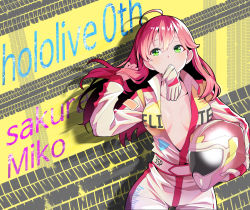Rule 34 | 1girl, ahoge, alternate costume, bodysuit, breasts, breasts apart, center opening, character name, commentary request, copyright name, glove in mouth, gloves, green eyes, hair between eyes, hand in own hair, helmet, highres, holding, holding helmet, hololive, long hair, long sleeves, medium breasts, mouth hold, nyshl, red eyes, sakura miko, solo, standing, sweat, unworn gloves, unworn headwear, unworn helmet, virtual youtuber, white bodysuit, white gloves