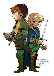 Rule 34 | 1boy, 1girl, armor, blonde hair, brown hair, cape, closed mouth, deedlit, full body, gloves, green eyes, hounori, long hair, looking at viewer, parn (lodoss), pointy ears, record of lodoss war, simple background, smile, sword, weapon, white background