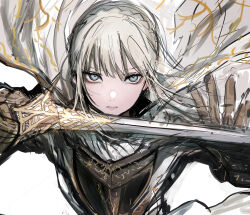 1girl absurdres armor blonde_hair blue_eyes braid chuhaibane cloak elden_ring highres holding holding_sword holding_weapon knight needle_knight_leda solo sword weapon