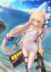 Rule 34 | 1girl, animal ears, bare shoulders, blonde hair, blue eyes, breasts, cloud, cloudy sky, collarbone, cowboy shot, expressionless, g41 (beach punk 2064) (girls&#039; frontline), g41 (girls&#039; frontline), girls&#039; frontline, gloves, h&amp;k g41, heterochromia, highres, long hair, military, military vehicle, ocean, official alternate costume, parted lips, partially submerged, red eyes, ship, shumeia, sky, small breasts, solo, standing, standing on liquid, swimsuit, very long hair, warship, watercraft, wet, wet clothes, wind turbine, windmill