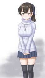 Rule 34 | 10s, 1girl, absurdres, alternate costume, breasts, brown eyes, brown hair, hair ribbon, highres, jewelry, kaga (kancolle), kantai collection, large breasts, miniskirt, necklace, pendant, pleated skirt, ribbed sweater, ribbon, side ponytail, skirt, smile, solo, sweater, t2r, thighhighs, turtleneck, turtleneck sweater, zettai ryouiki