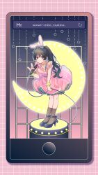Rule 34 | 1girl, absurdres, alternate costume, animal ears, black footwear, black hair, bow, cable, cellphone, crescent moon, dress, ebitabetabe, fox shadow puppet, frilled dress, frills, full body, grey eyes, grid background, hair bow, high heels, highres, holding, holding microphone, jewelry, long hair, microphone, moon, necklace, nijisanji, pearl necklace, phone, pink dress, platform, ponytail, puckered lips, rabbit ears, see-through, see-through legwear, short sleeves, smartphone, solo, star (symbol), grid background, tsukino mito, virtual youtuber, wrist cuffs