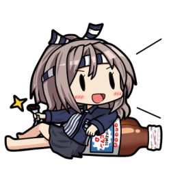 Rule 34 | 1girl, 90mm single high-angle gun mount, alternate costume, bamomon, barcode scanner, chibi, employee uniform, energy drink, grey hair, hachimaki, headband, high ponytail, kantai collection, lawson, long hair, lowres, muneate, open mouth, shirt, skirt, solid oval eyes, solo, striped clothes, striped shirt, uniform, vertical-striped clothes, vertical-striped shirt, zuihou (kancolle)