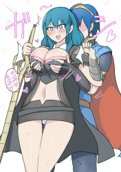 Rule 34 | 1boy, 1girl, absurdres, aqua hair, arm guards, blue eyes, blue hair, blush, grabbing another&#039;s breast, breasts, byleth (female) (fire emblem), byleth (fire emblem), cape, cleavage, embarrassed, faceless, faceless male, fire emblem, fire emblem: three houses, grabbing, grabbing from behind, heart, hetero, highres, holding, holding sword, holding weapon, large breasts, legs, marth (fire emblem), miniskirt, navel, nintendo, open mouth, panties, pantyshot, simple background, skirt, super smash bros., surprised, sweat, sword, thighs, underwear, weapon, white-stew, white background