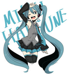 Rule 34 | 10s, 1girl, 2012, arm up, bad id, bad pixiv id, character name, dated, detached sleeves, donsuke (radon), hatsune miku, headset, long hair, necktie, one eye closed, open mouth, radon, simple background, skirt, solo, thighhighs, twintails, very long hair, vocaloid, white background, wink