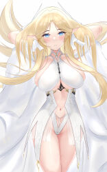 Rule 34 | 1girl, absurdres, arms behind head, azur lane, blonde hair, blue eyes, breasts, brest (azur lane), clothing cutout, cowboy shot, dress, hands in hair, highres, large breasts, leotard, long hair, looking at viewer, pointy ears, revealing clothes, rklk, simple background, solo, underboob cutout, very long hair, white background, white dress, white leotard