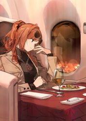 Rule 34 | 1girl, aircraft, airplane, airplane interior, arisugawa natsuha, black sweater, brown coat, coat, commentary request, cup, dangle earrings, drinking glass, earrings, eyewear on head, food, highres, idolmaster, idolmaster shiny colors, jewelry, looking outside, napkin, open clothes, open coat, orange hair, plate, ponytail, scrunchie, sitting, solo, sweater, table, turtleneck, turtleneck sweater, window, wine glass, zhili xingzou