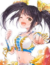 Rule 34 | 1girl, ;d, black hair, bow, brown eyes, collarbone, crop top, floating hair, frills, hair bow, idolmaster, idolmaster cinderella girls, kakitsubata zero, long hair, looking at viewer, midriff, nakano yuka, navel, one eye closed, open mouth, outstretched arm, ribbon, simple background, sketch, smile, solo, stomach, twintails, upper body, white background, yellow bow, yellow ribbon