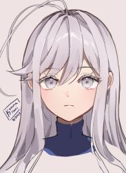 Rule 34 | 1girl, 86 -eightysix-, antenna hair, blue shirt, closed mouth, commentary, dated, english commentary, grey background, grey eyes, grey hair, hair between eyes, highres, kobutanori, long hair, looking at viewer, portrait, shirt, signature, simple background, solo, turtleneck, vladilena millize