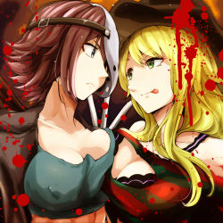 Rule 34 | 2girls, :p, a nightmare on elm street, ahoge, bishoujo terror, black bra, blonde hair, blood, blood splatter, blue eyes, bra, breast press, breasts, brown hair, brown headwear, brown jacket, claws, cleavage, collarbone, commentary request, covered erect nipples, face-to-face, fedora, freddy krueger, friday the 13th, frown, genderswap, genderswap (mtf), green eyes, green tank top, hat, highres, hockey mask, jacket, jason voorhees, large breasts, leather, leather jacket, long hair, looking at another, mask, mask on head, midriff, multiple girls, open clothes, open jacket, shirt, short hair, striped clothes, striped shirt, symmetrical docking, tank top, tongue, tongue out, torn clothes, torn shirt, underwear, upper body, watarui